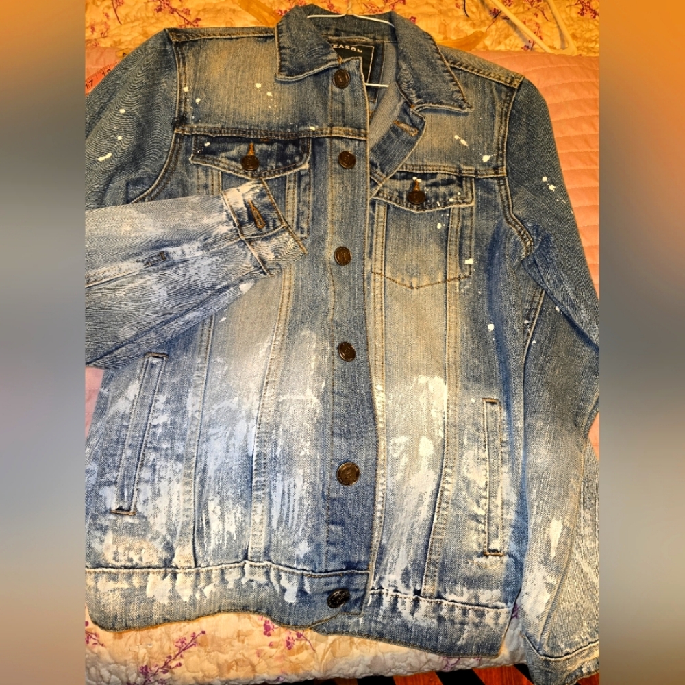 Reason Brand Mens Denim Jacket Medium Wash Paint Splatter Distressed Trucker M‎